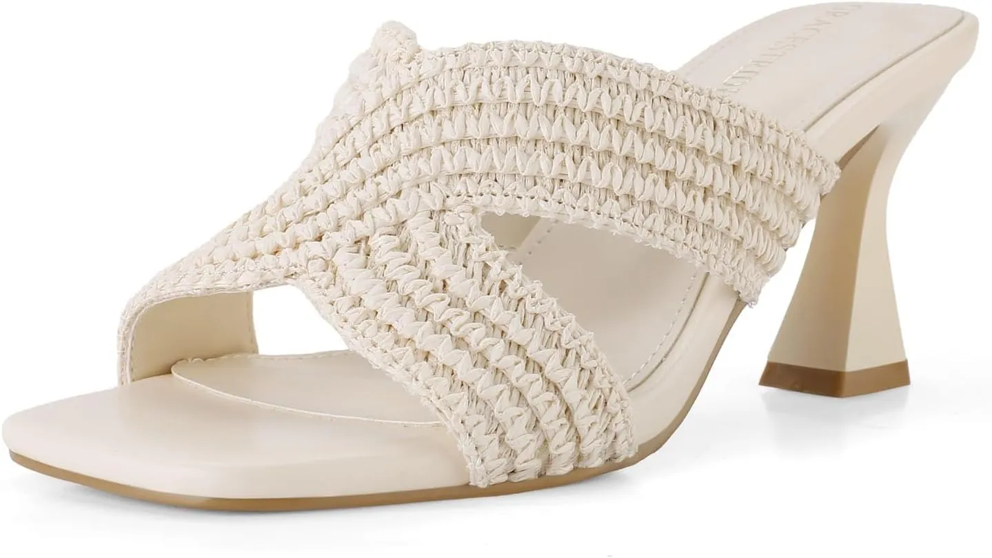 Womens Heeled Sandals Slip On Chunky Square Toe Mule Sandals Open Toe Slide Casual Summer Dressy Sandals