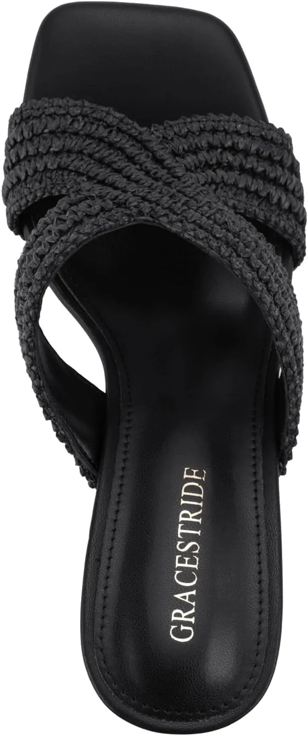 Womens Heeled Sandals Slip On Chunky Square Toe Mule Sandals Open Toe Slide Casual Summer Dressy Sandals