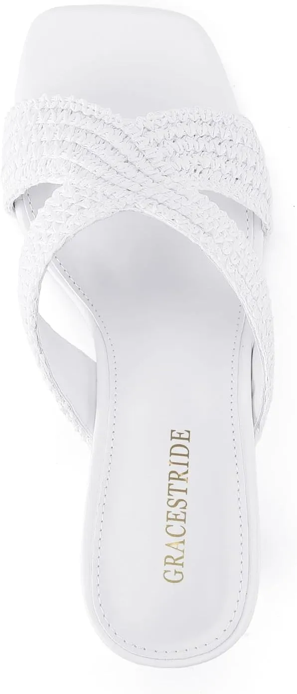 Womens Heeled Sandals Slip On Chunky Square Toe Mule Sandals Open Toe Slide Casual Summer Dressy Sandals
