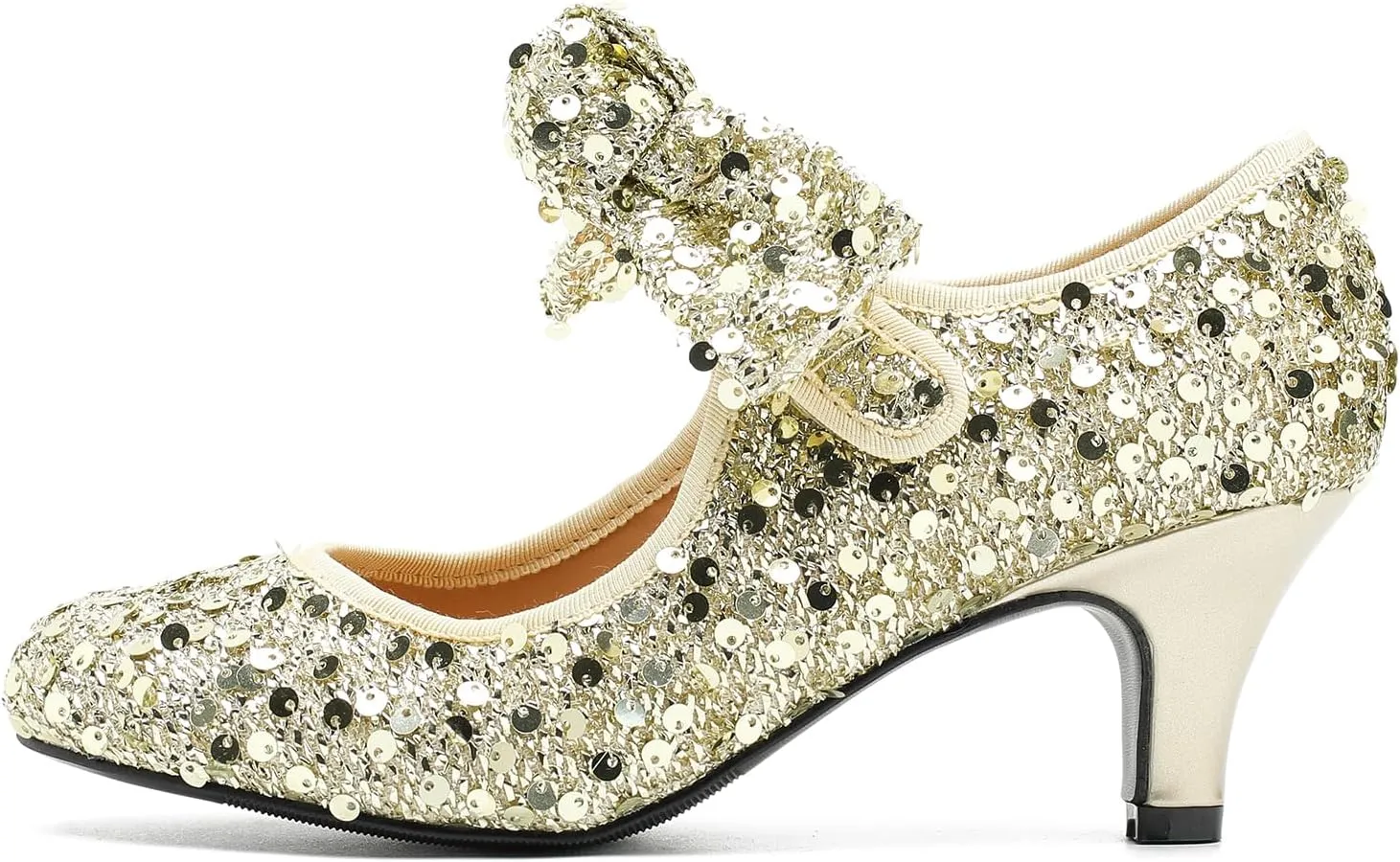 Women's Low Kitten Heels with Bow Mary Jane Sequin Pumps Comfortable Vintage Dance Wedding Dress Shoes