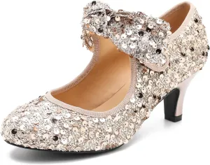 Women's Low Kitten Heels with Bow Mary Jane Sequin Pumps Comfortable Vintage Dance Wedding Dress Shoes