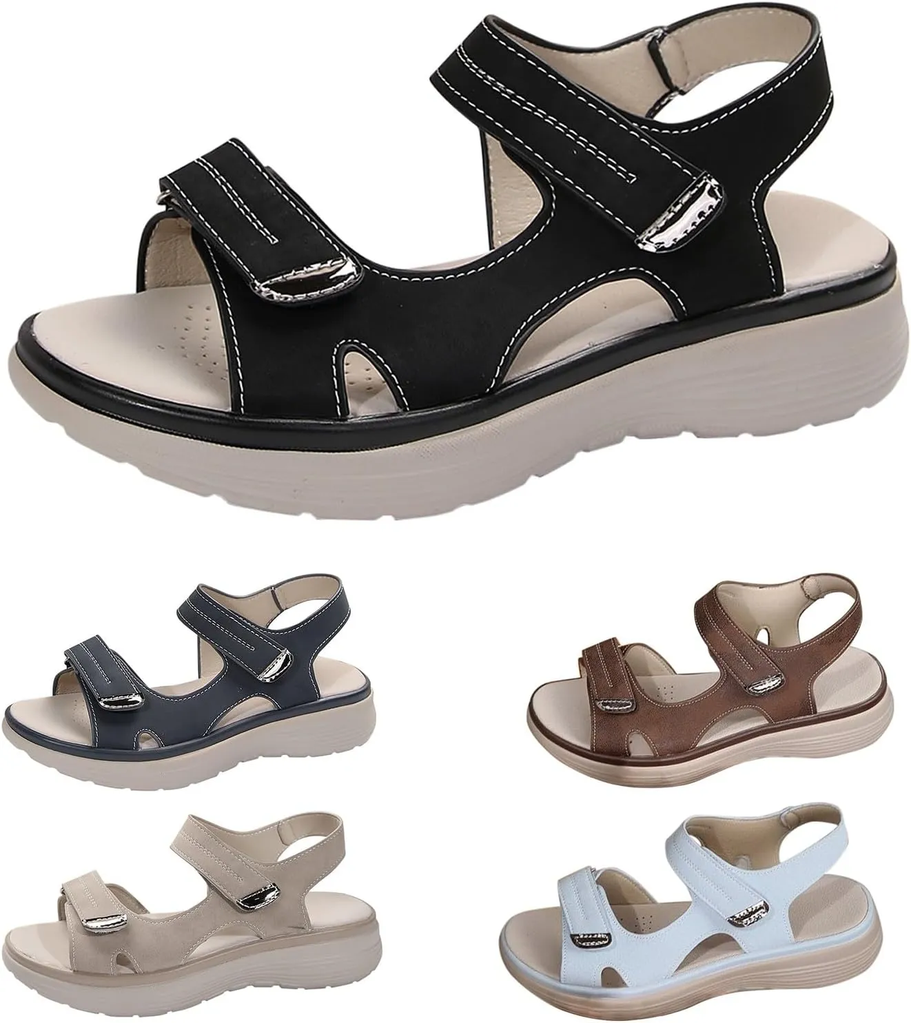 Women's Orthopedic Wide Sandals Strappy Arch Support Flat Sandals for Plantar Fasciitis Adjustable Ankle Strap