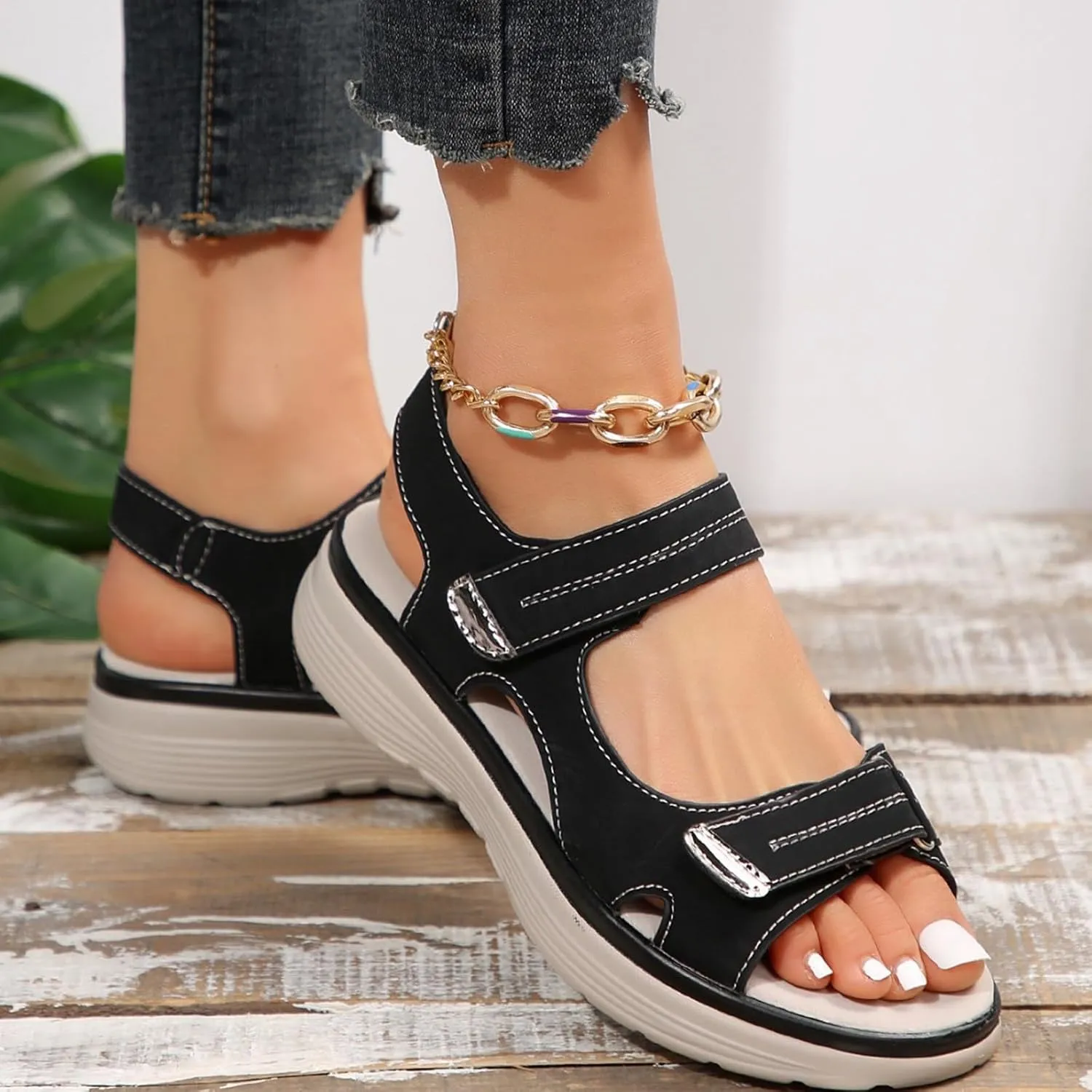 Women's Orthopedic Wide Sandals Strappy Arch Support Flat Sandals for Plantar Fasciitis Adjustable Ankle Strap