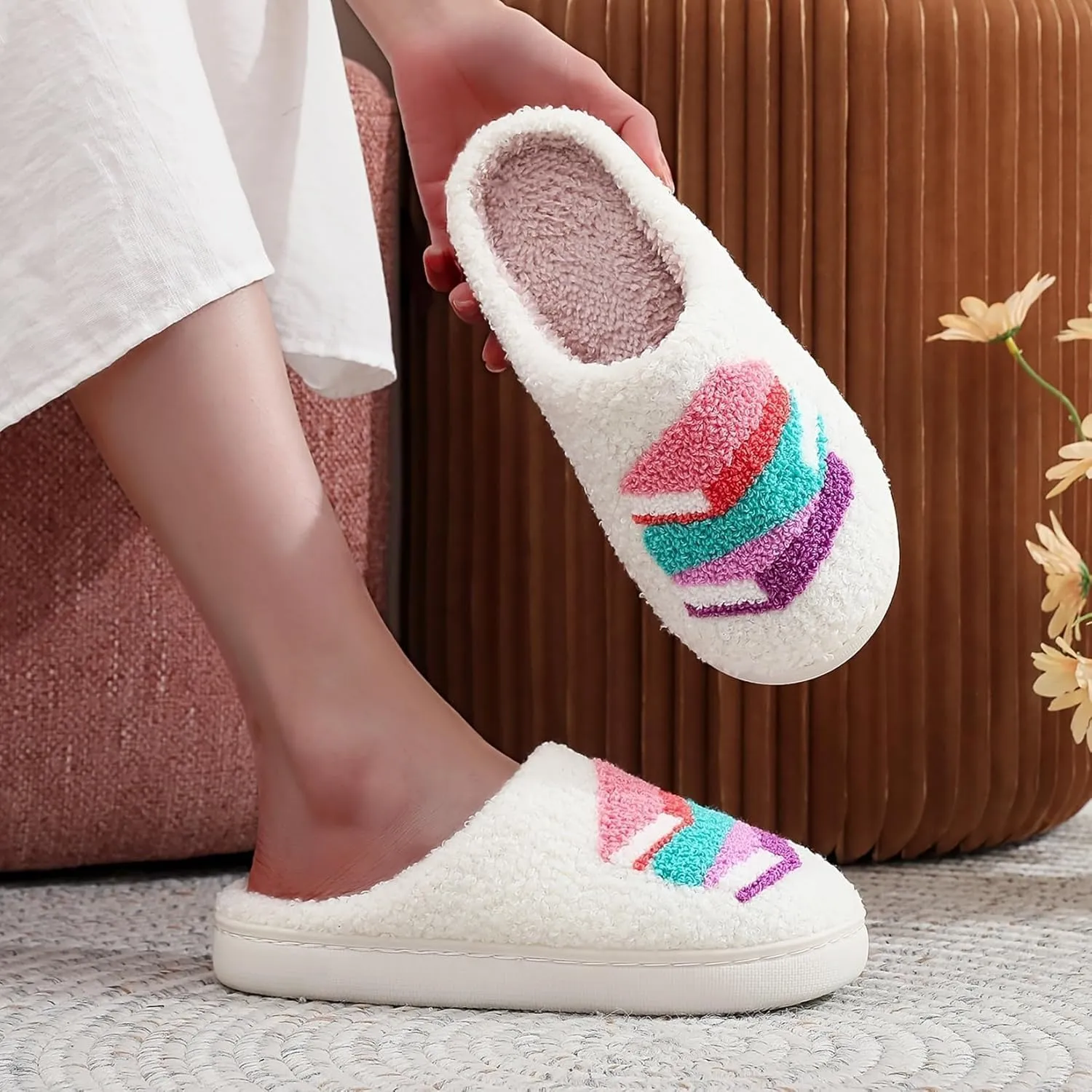 Women's Plush Heart Love Slippers - Blue Eyes Mushroom Cat Ears Retro Memory Foam Soft Plush Home Shoes