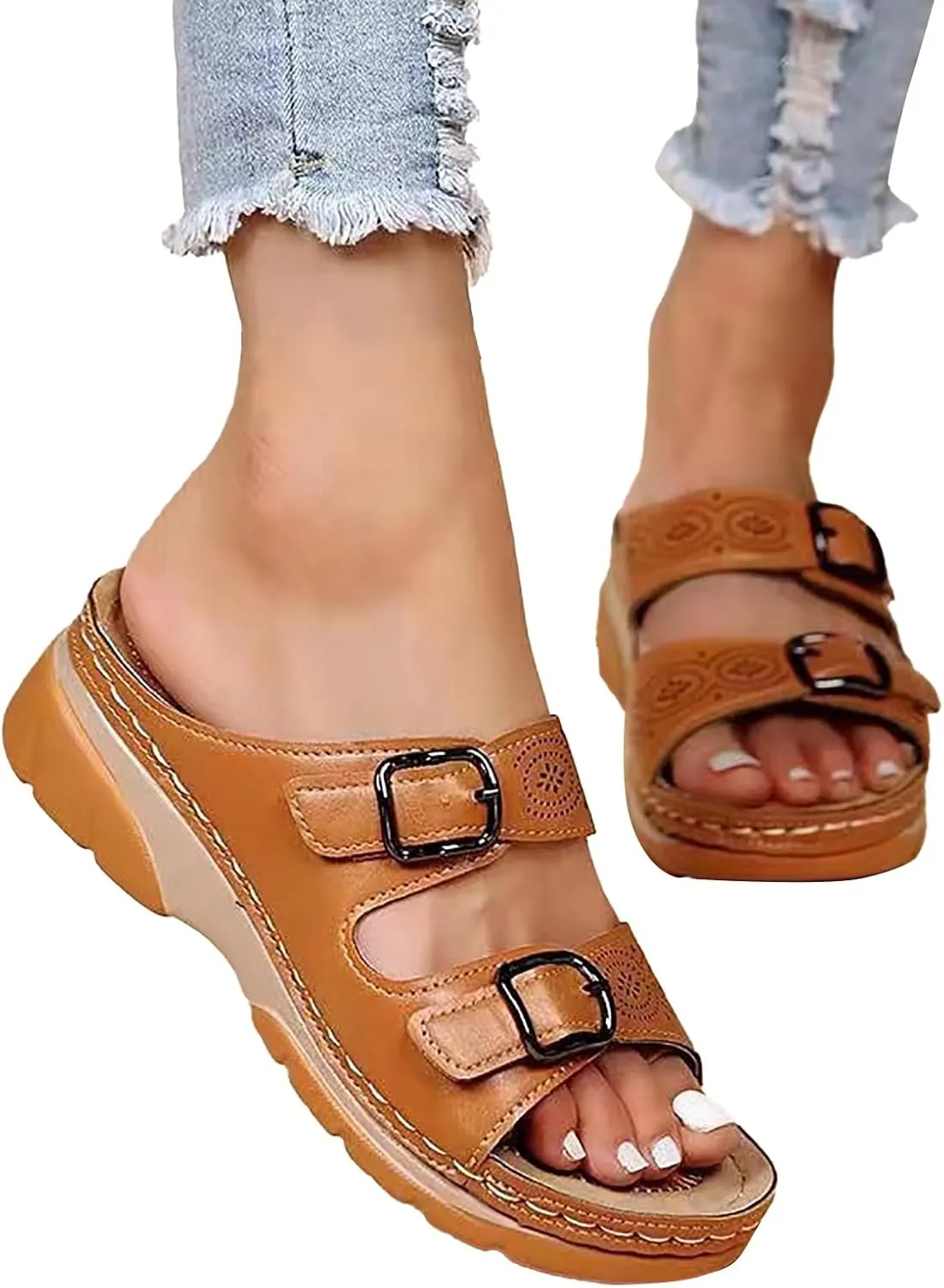 Women's Sandals Summer Adjustable Leather Sandals Orthopedic Wedge Sandals Walking Beach Slippers with Arch Support2