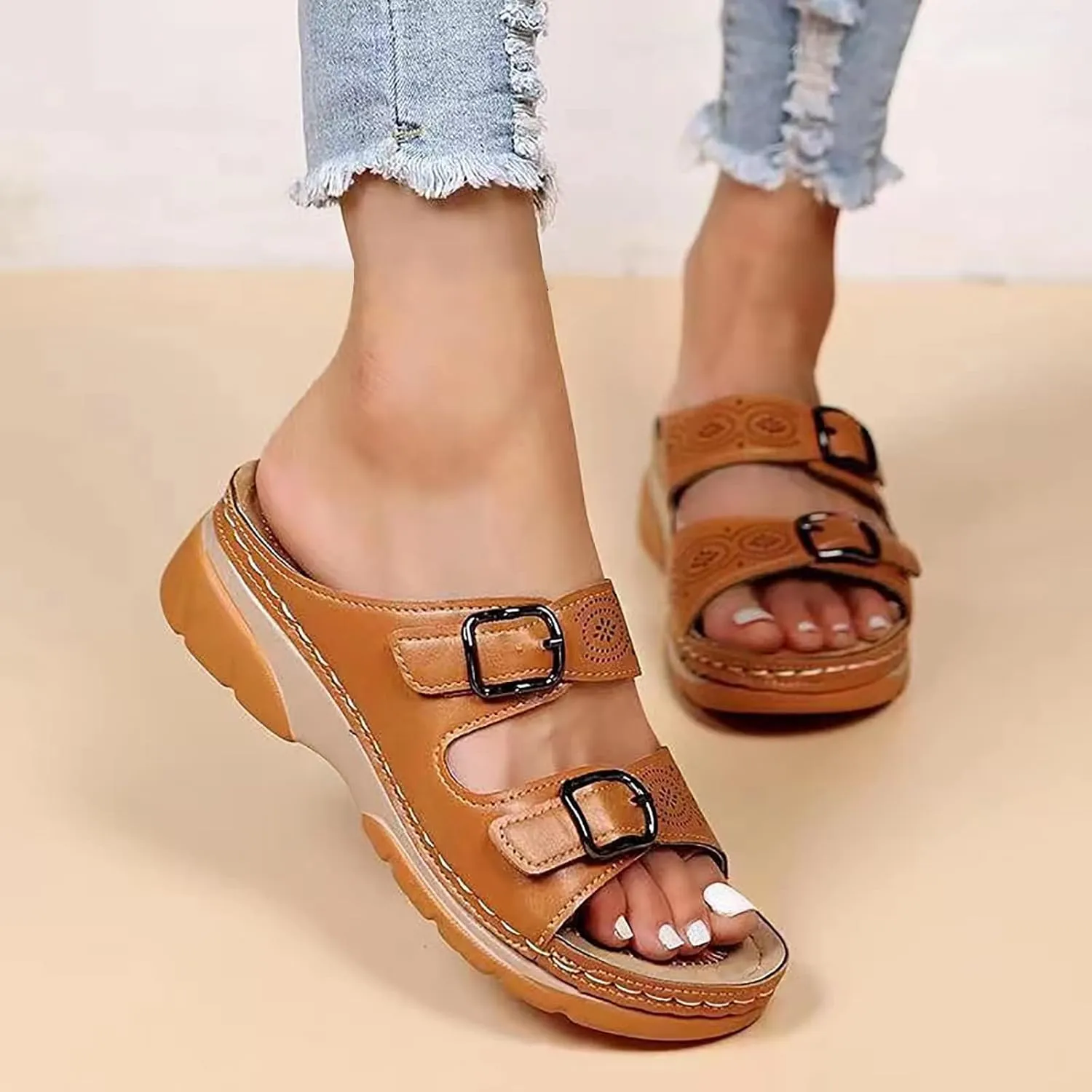 Women's Sandals Summer Adjustable Leather Sandals Orthopedic Wedge Sandals Walking Beach Slippers with Arch Support2