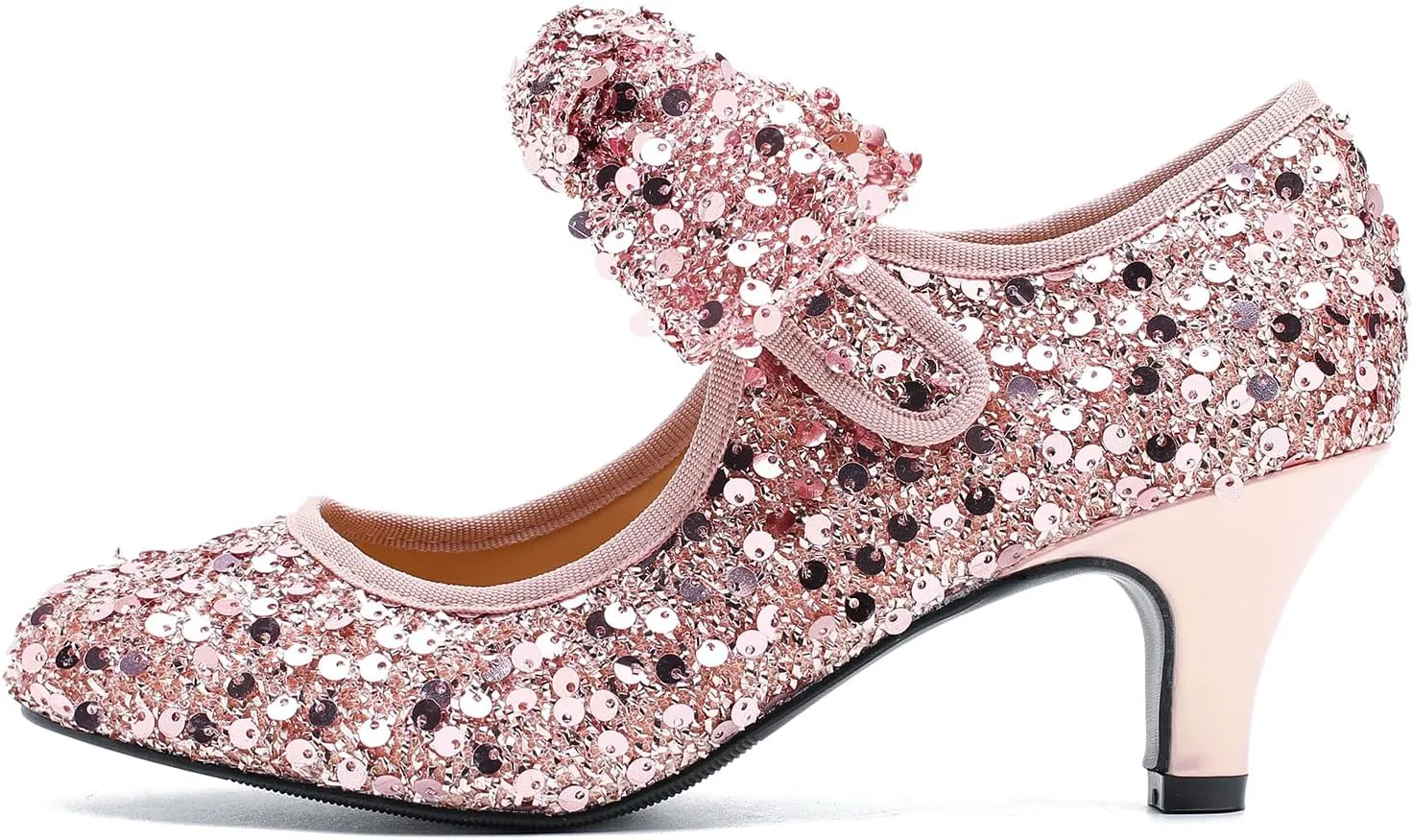 Womens Sequin Low Kitten Heels with Bow Mary Jane Dress Shoes Comfortable Vintage Dance Wedding Pumps