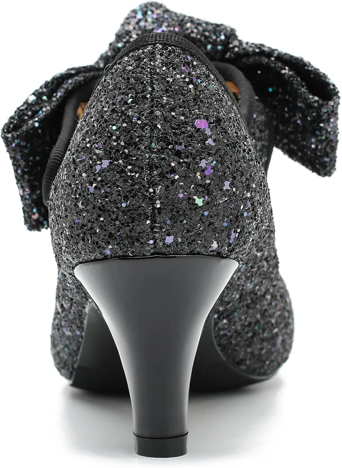 Womens Sequin Low Kitten Heels with Bow Mary Jane Dress Shoes Comfortable Vintage Dance Wedding Pumps