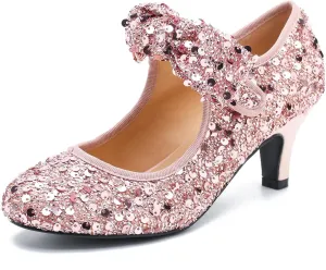 Womens Sequin Low Kitten Heels with Bow Mary Jane Dress Shoes Comfortable Vintage Dance Wedding Pumps