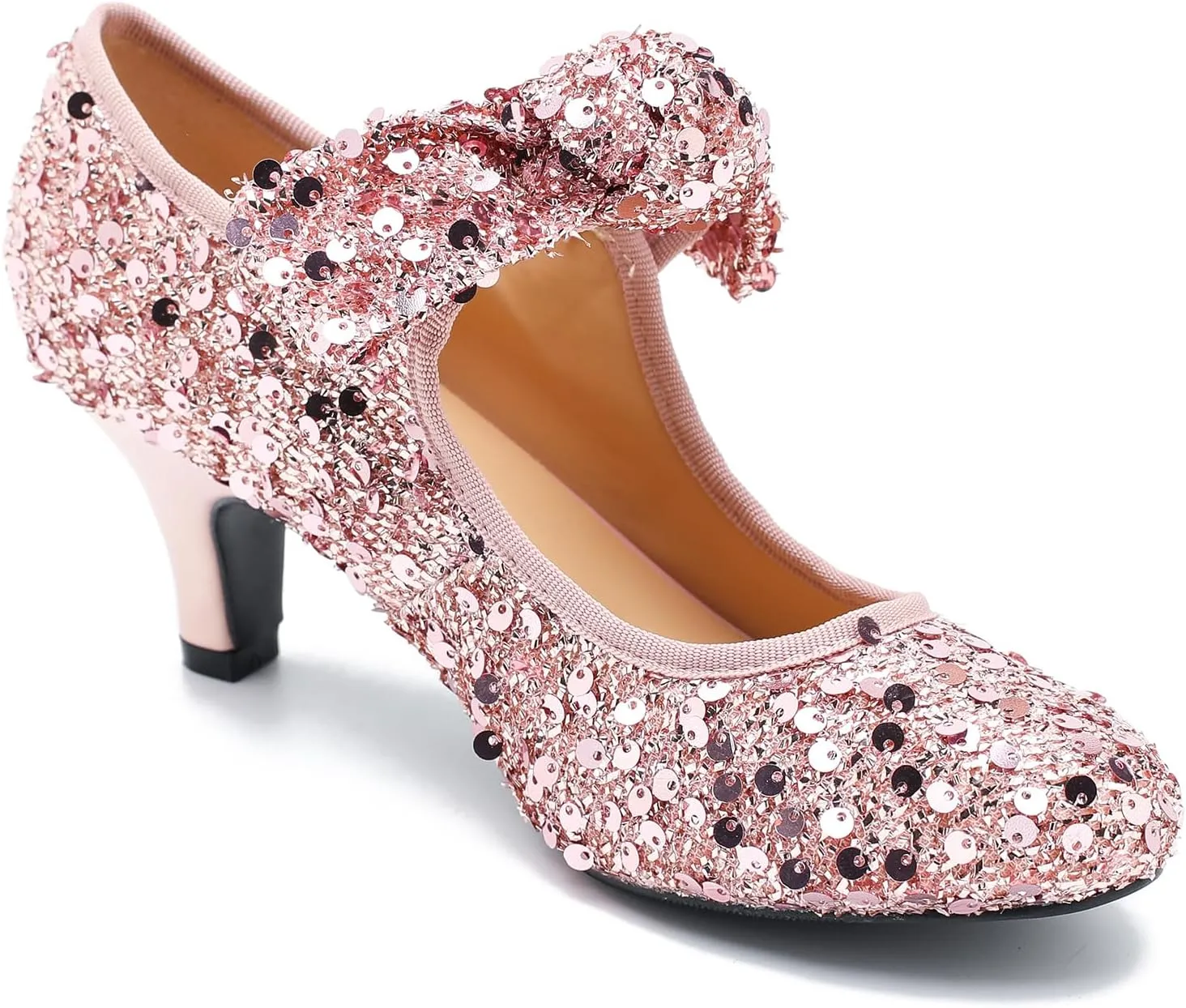 Womens Sequin Low Kitten Heels with Bow Mary Jane Dress Shoes Comfortable Vintage Dance Wedding Pumps