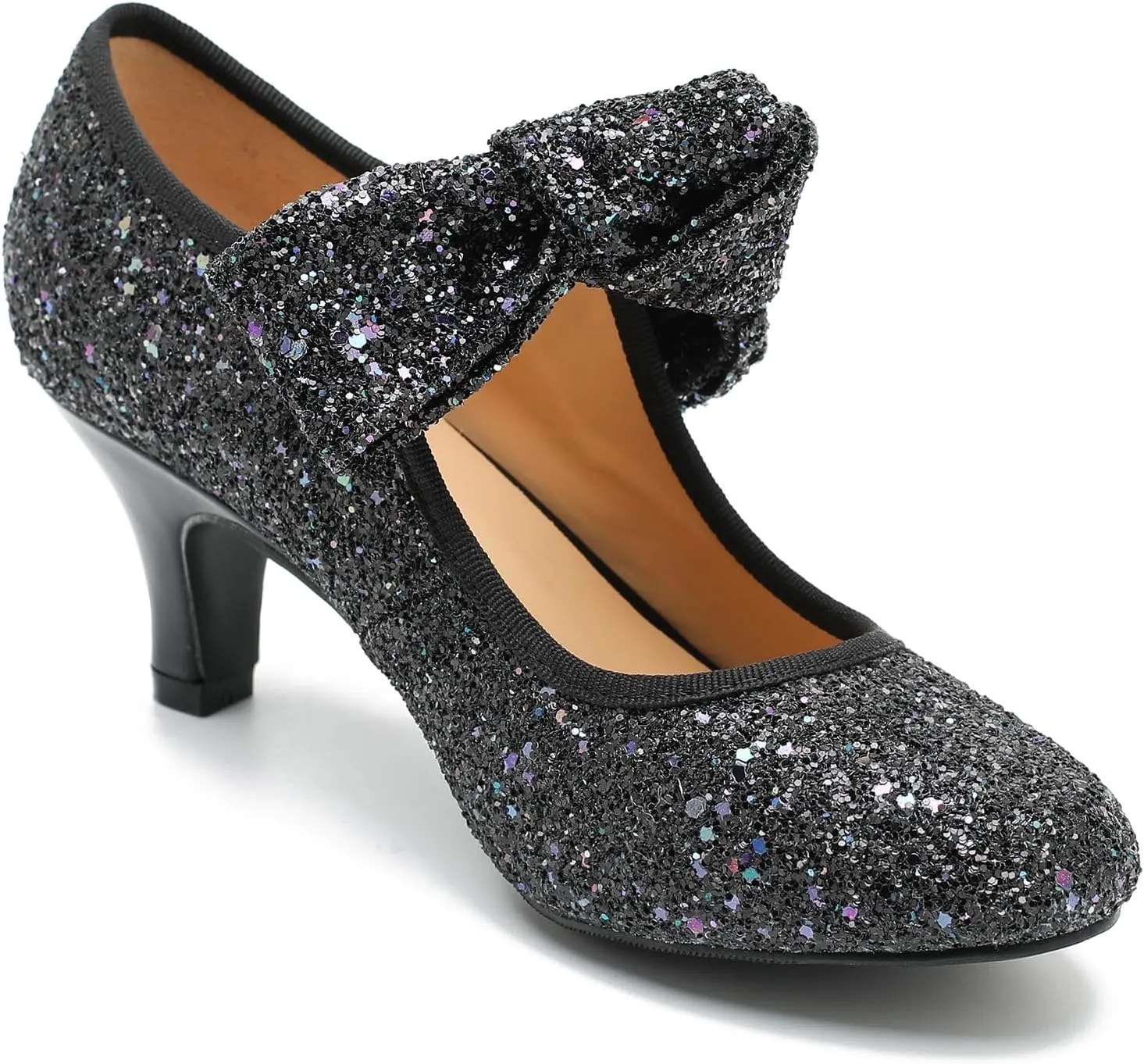 Womens Sequin Low Kitten Heels with Bow Mary Jane Dress Shoes Comfortable Vintage Dance Wedding Pumps