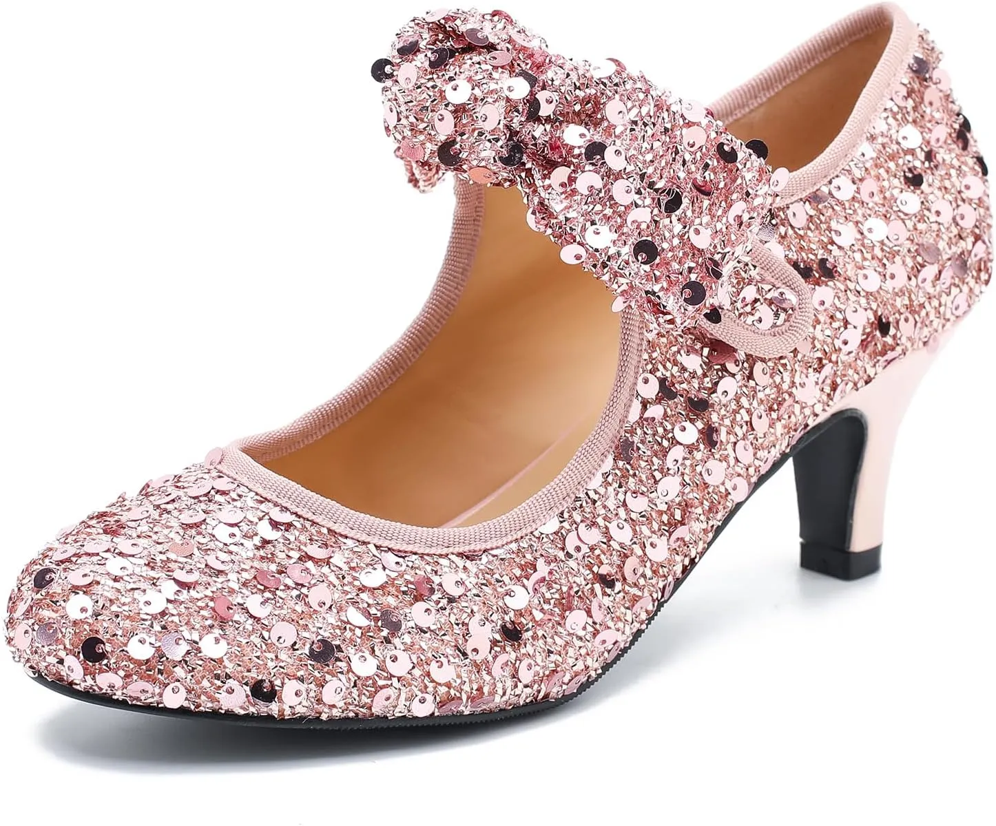 Womens Sequin Low Kitten Heels with Bow Mary Jane Dress Shoes Comfortable Vintage Dance Wedding Pumps