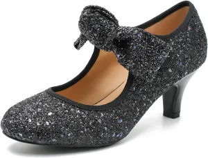 Womens Sequin Low Kitten Heels with Bow Mary Jane Dress Shoes Comfortable Vintage Dance Wedding Pumps
