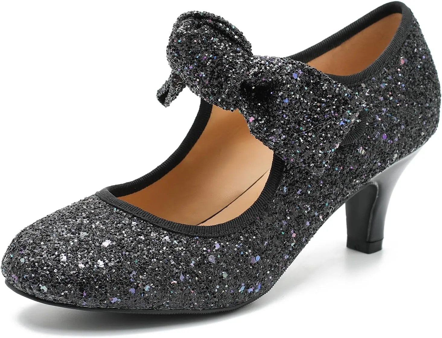 Womens Sequin Low Kitten Heels with Bow Mary Jane Dress Shoes Comfortable Vintage Dance Wedding Pumps