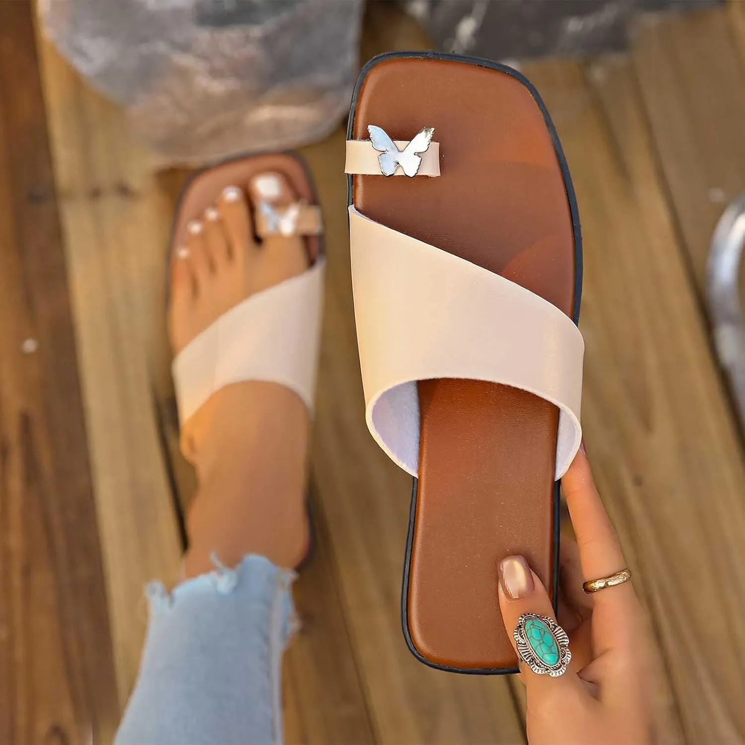 Womens Slides Sandals with Ring Toe Orthotic Square Open Toe Slip-On Flip Flop Comfortable Summer Thong Flat Slipper