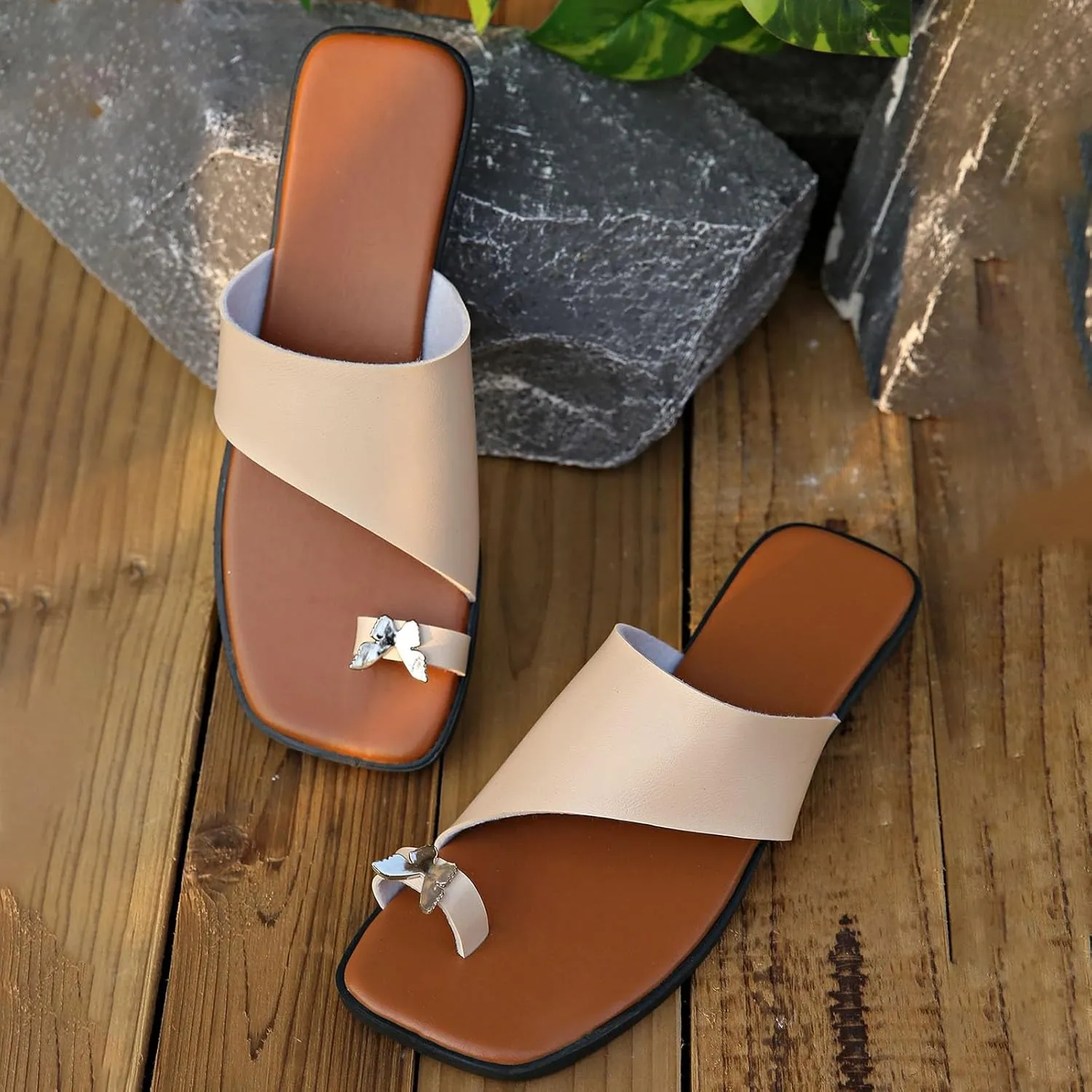 Womens Slides Sandals with Ring Toe Orthotic Square Open Toe Slip-On Flip Flop Comfortable Summer Thong Flat Slipper