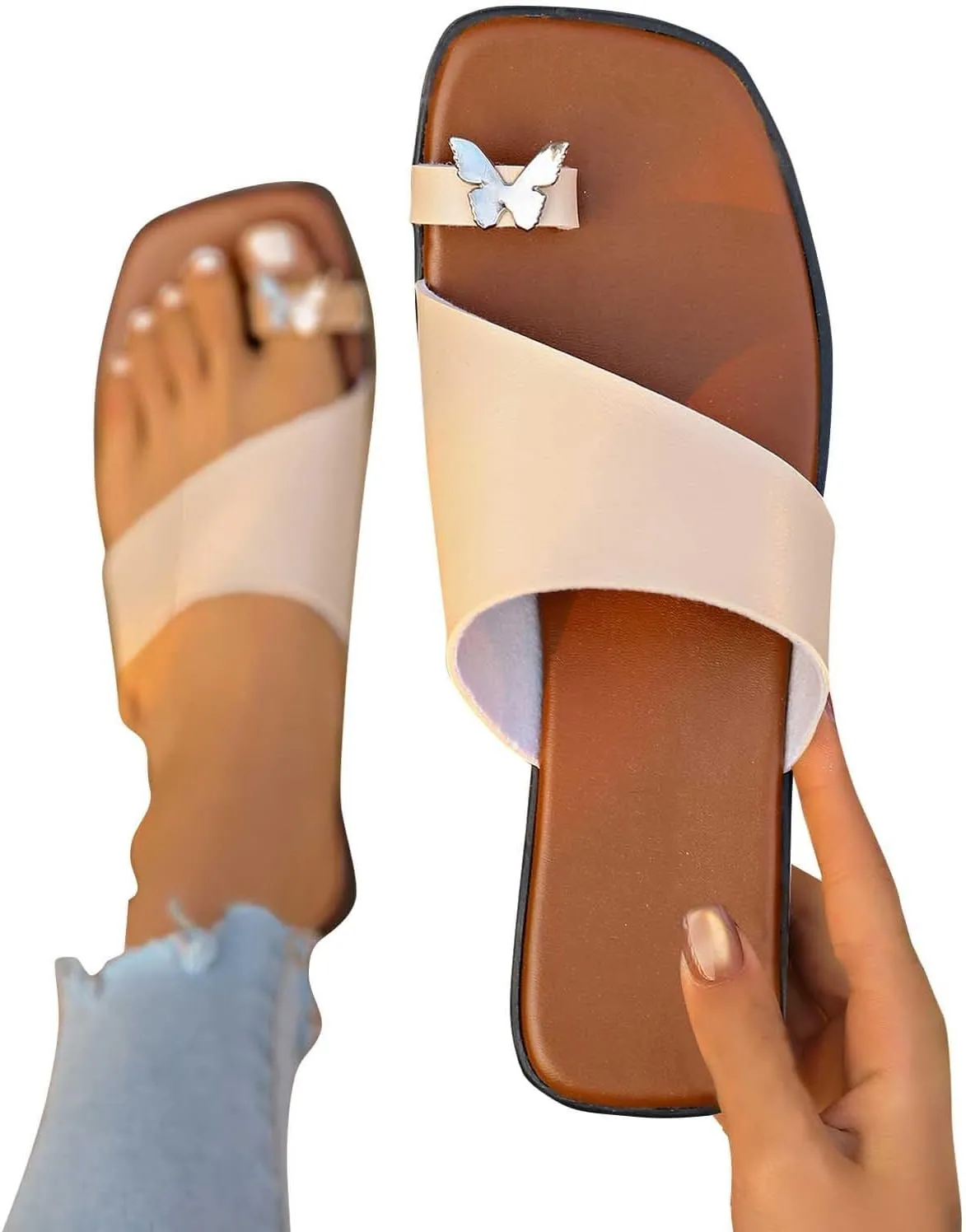 Womens Slides Sandals with Ring Toe Orthotic Square Open Toe Slip-On Flip Flop Comfortable Summer Thong Flat Slipper