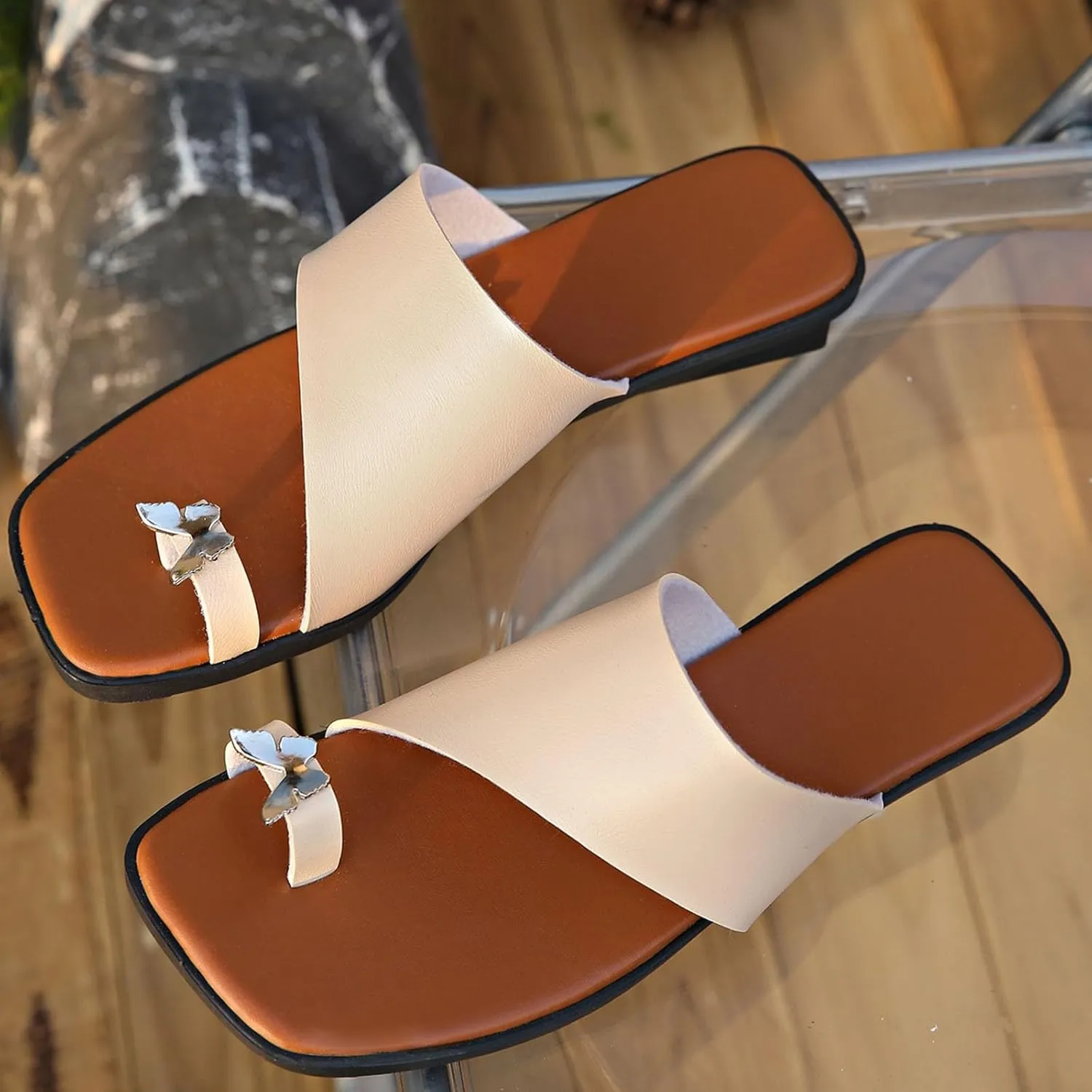 Womens Slides Sandals with Ring Toe Orthotic Square Open Toe Slip-On Flip Flop Comfortable Summer Thong Flat Slipper