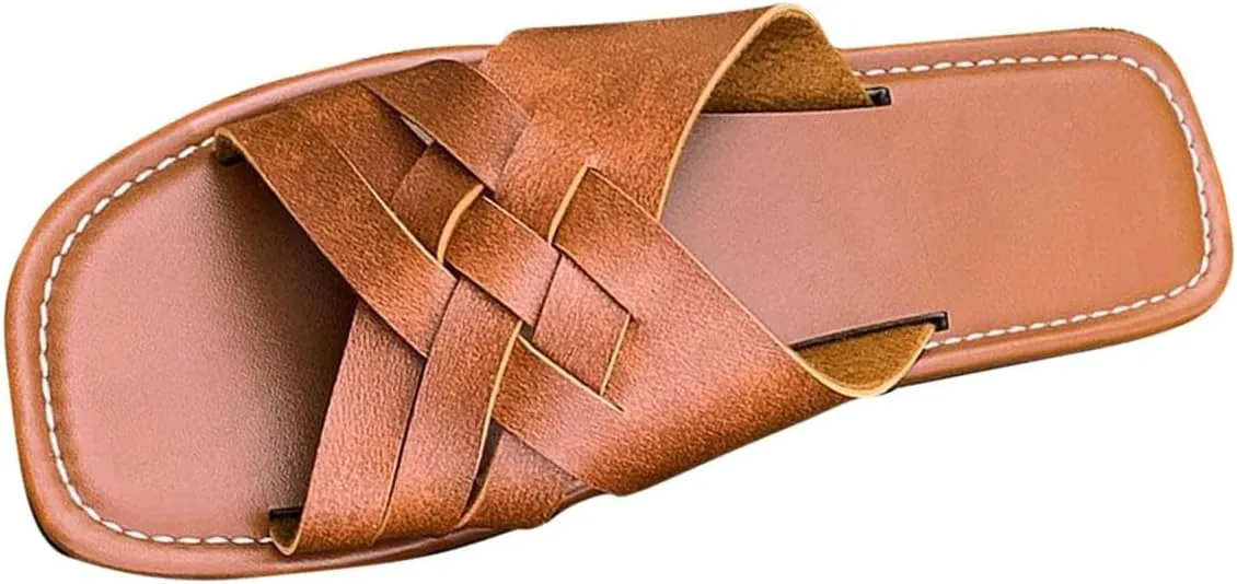 Women's Square Open Toe Slide Sandals Cute Slip on Flat Sandal Braided Strap Dressy Flat Slippers Shoes for Summer
