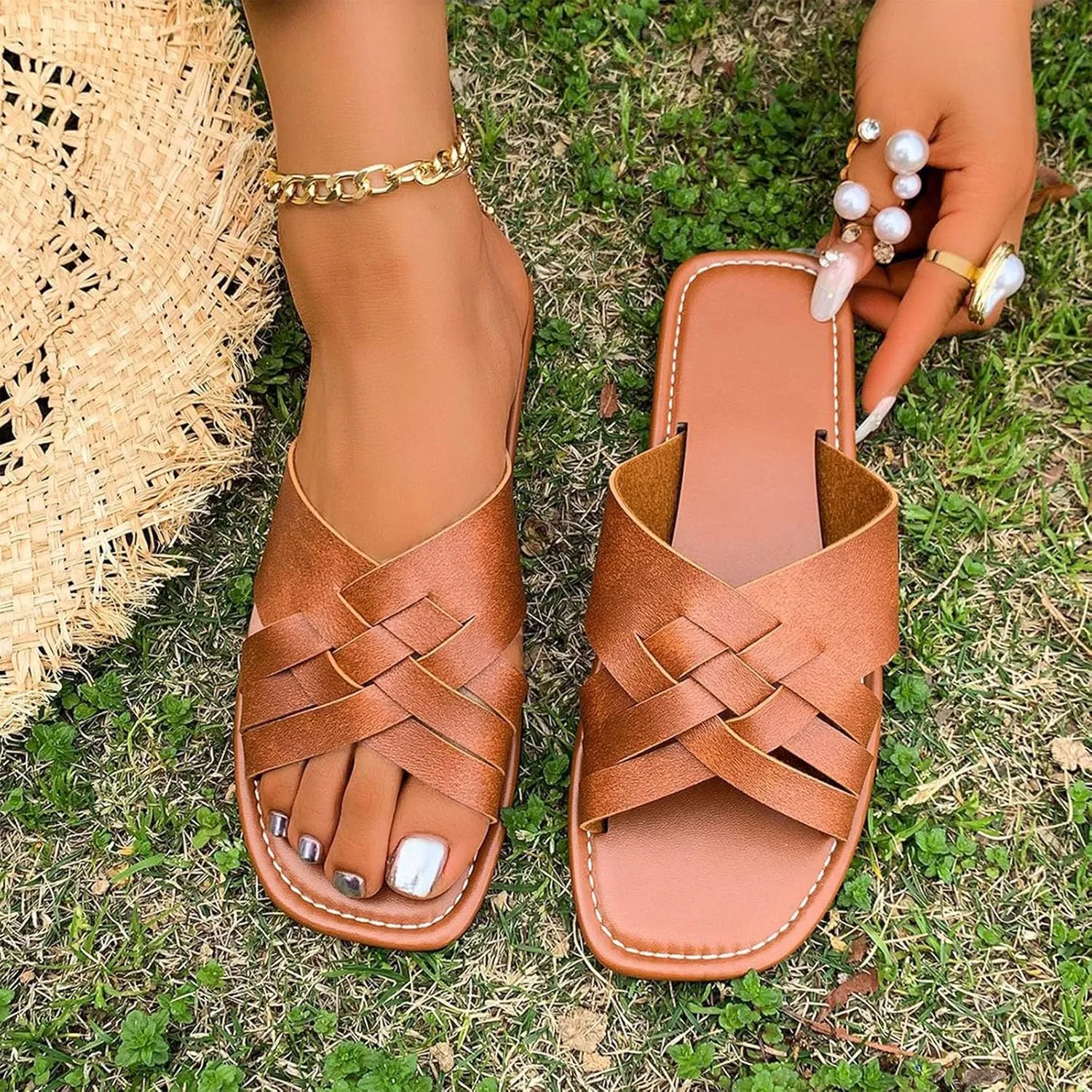 Women's Square Open Toe Slide Sandals Cute Slip on Flat Sandal Braided Strap Dressy Flat Slippers Shoes for Summer