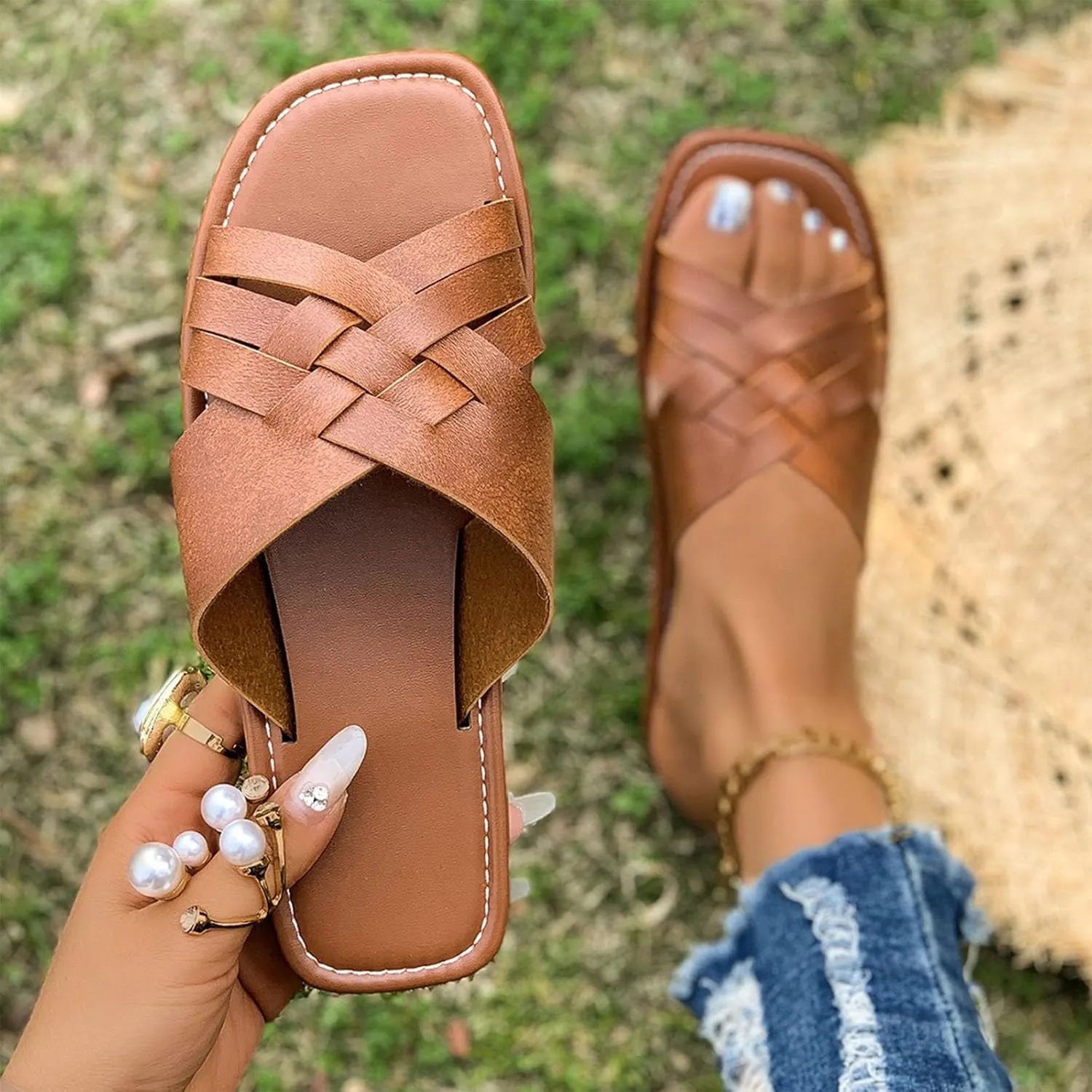 Women's Square Open Toe Slide Sandals Cute Slip on Flat Sandal Braided Strap Dressy Flat Slippers Shoes for Summer