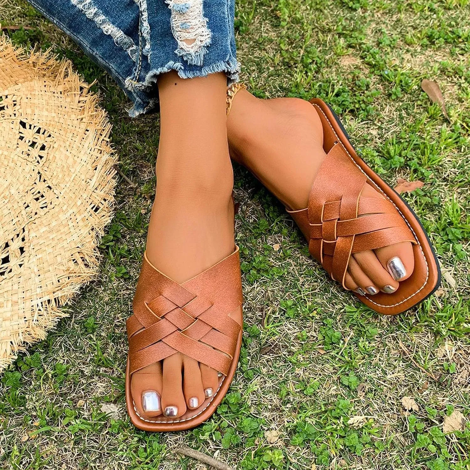 Women's Square Open Toe Slide Sandals Cute Slip on Flat Sandal Braided Strap Dressy Flat Slippers Shoes for Summer