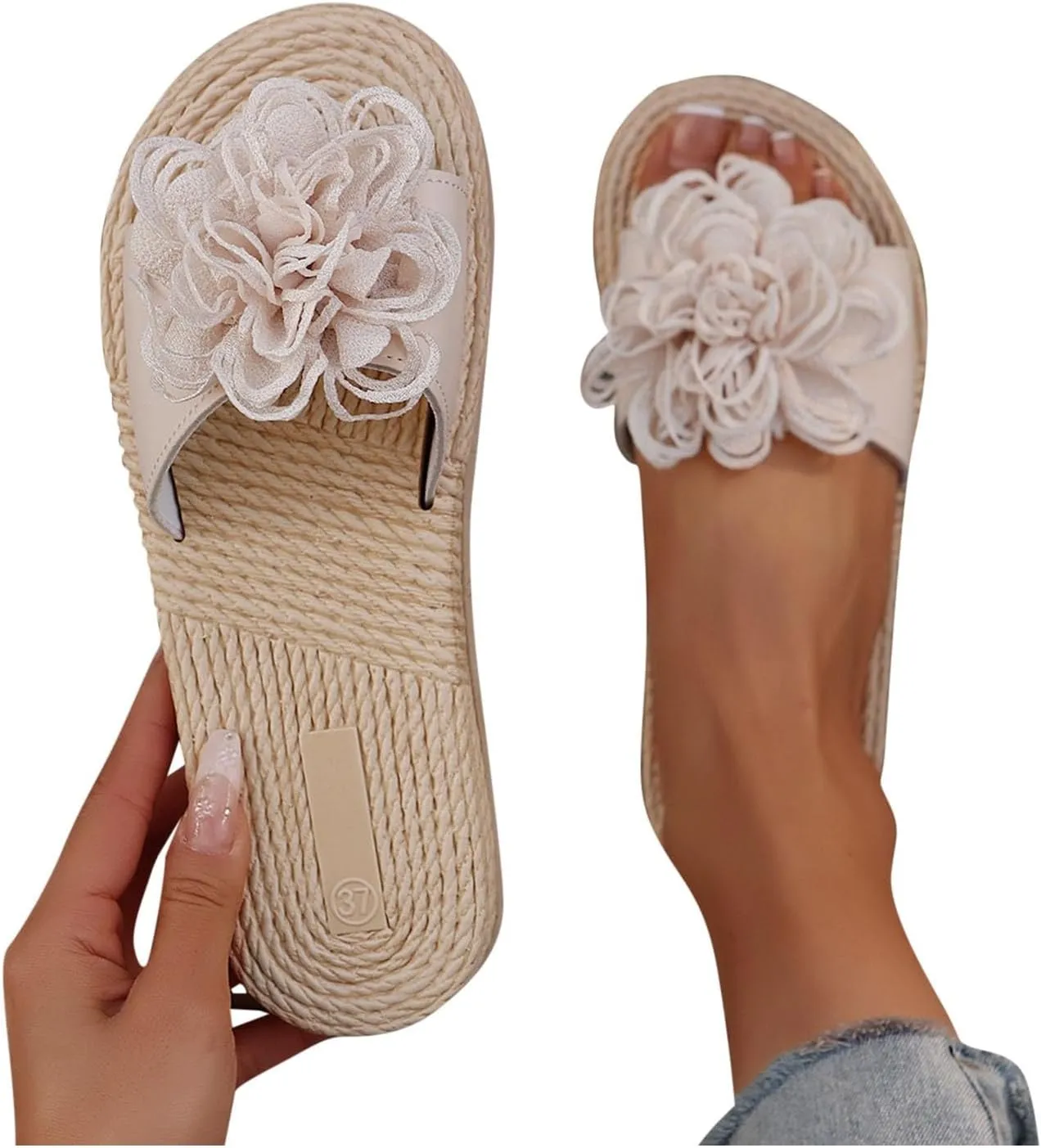 Women's Straw Footbed Slide Sandal Comfortable Summer Casual Sandals with Cute Flower Single Band Flats Slides 2025