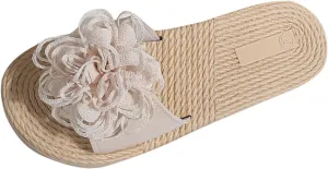 Women's Straw Footbed Slide Sandal Comfortable Summer Casual Sandals with Cute Flower Single Band Flats Slides 2025