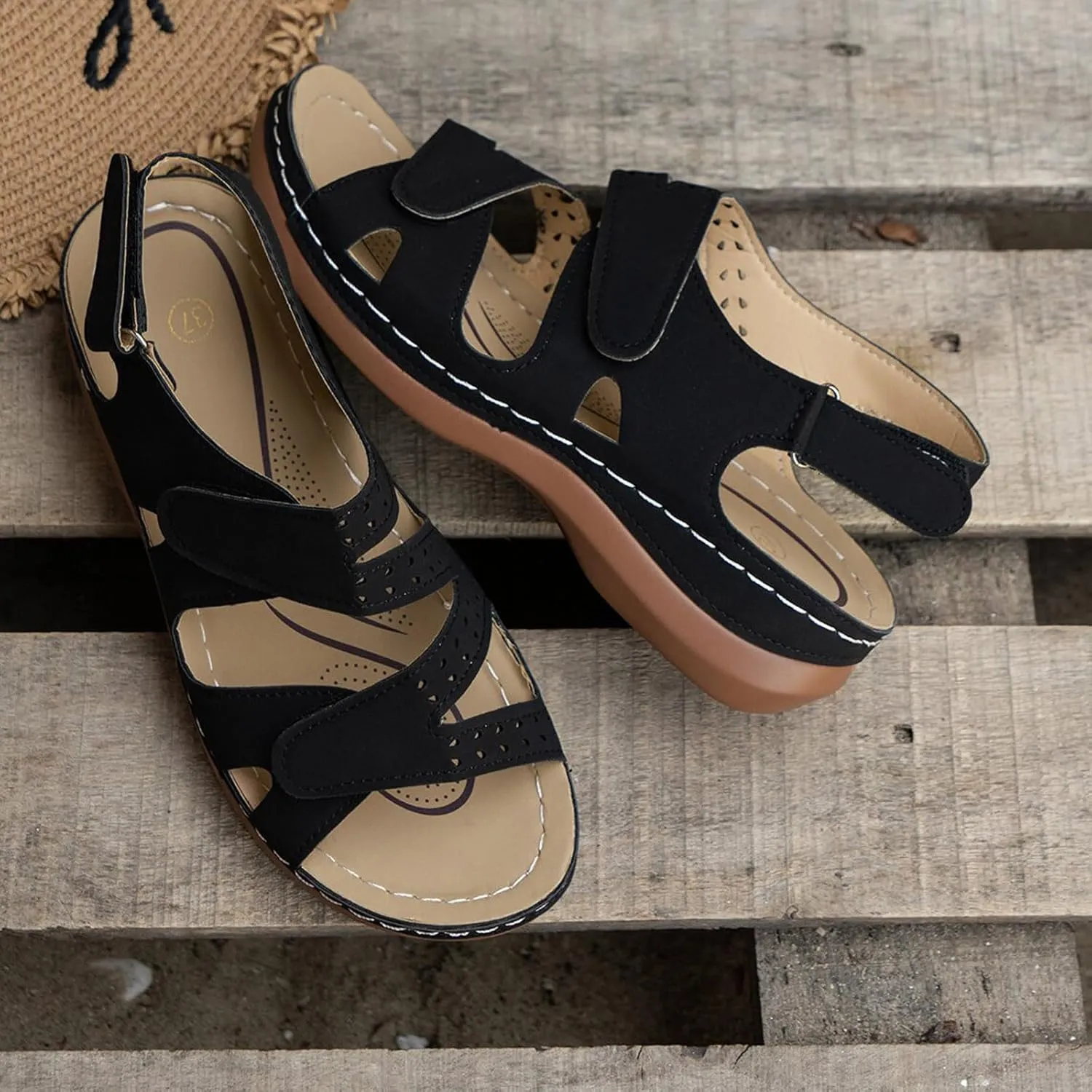 Womens Wedge Sandals Solid Color Hiking Outdoor Walking Shoes Summer Comfortable Adjustable Strap Sandal