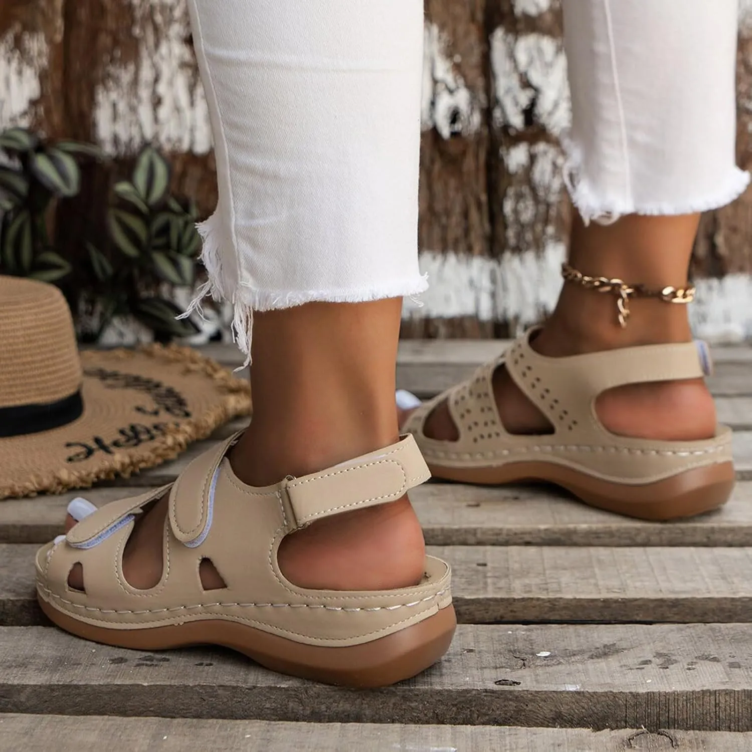 Womens Wedge Sandals Solid Color Hiking Outdoor Walking Shoes Summer Comfortable Adjustable Strap Sandal