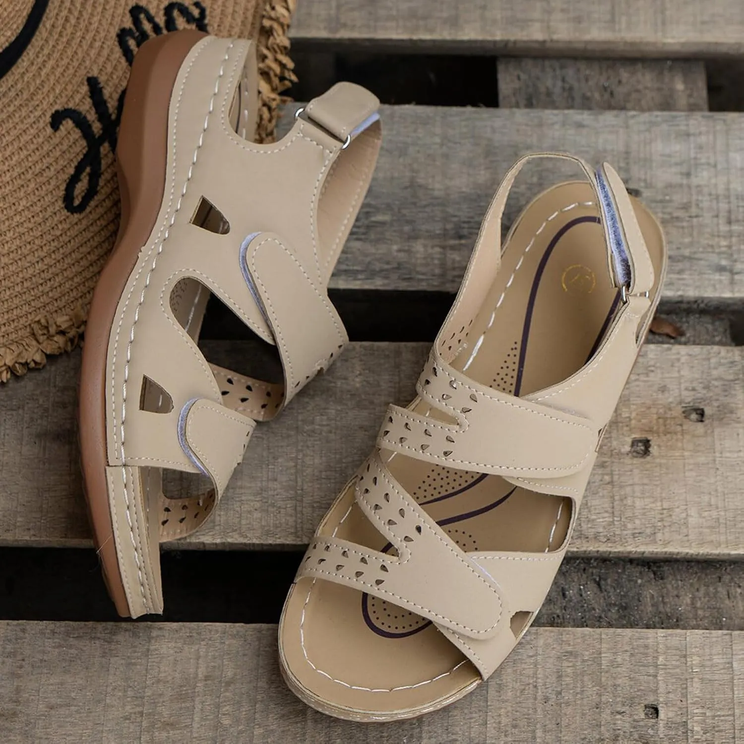 Womens Wedge Sandals Solid Color Hiking Outdoor Walking Shoes Summer Comfortable Adjustable Strap Sandal