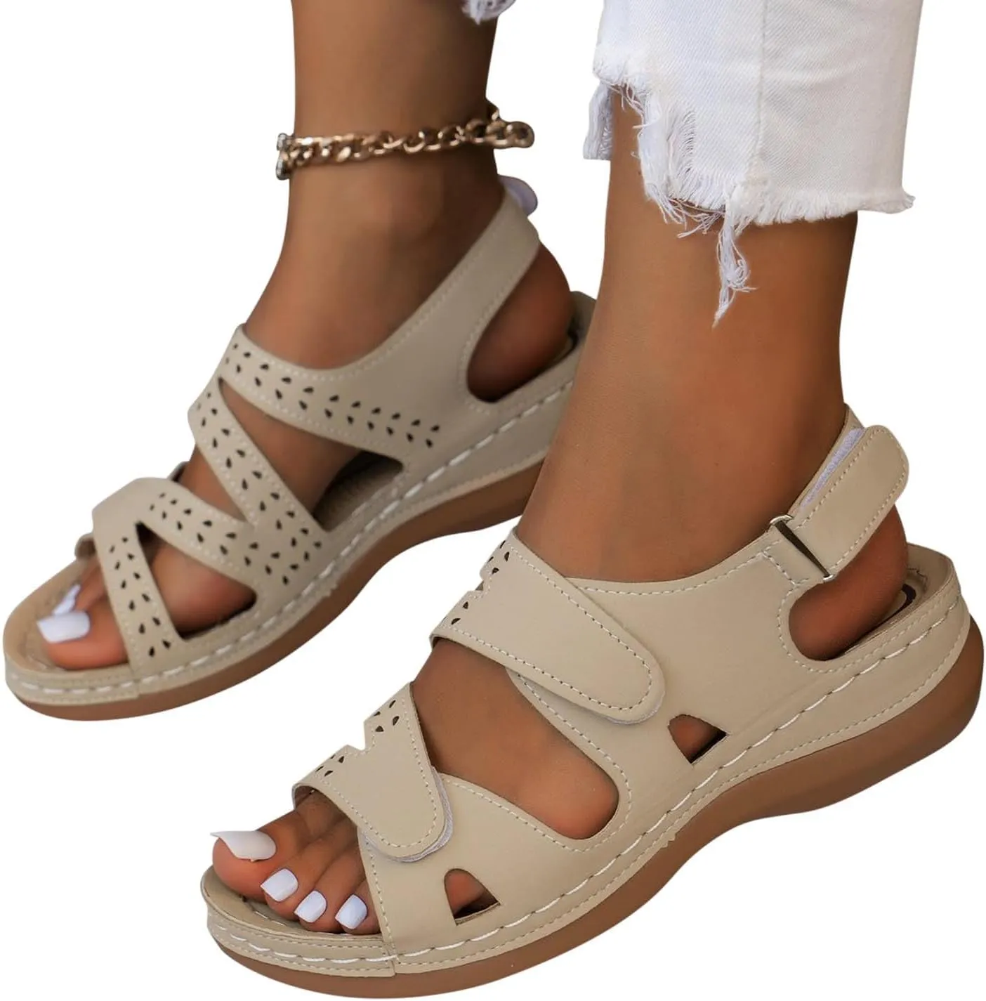 Womens Wedge Sandals Solid Color Hiking Outdoor Walking Shoes Summer Comfortable Adjustable Strap Sandal