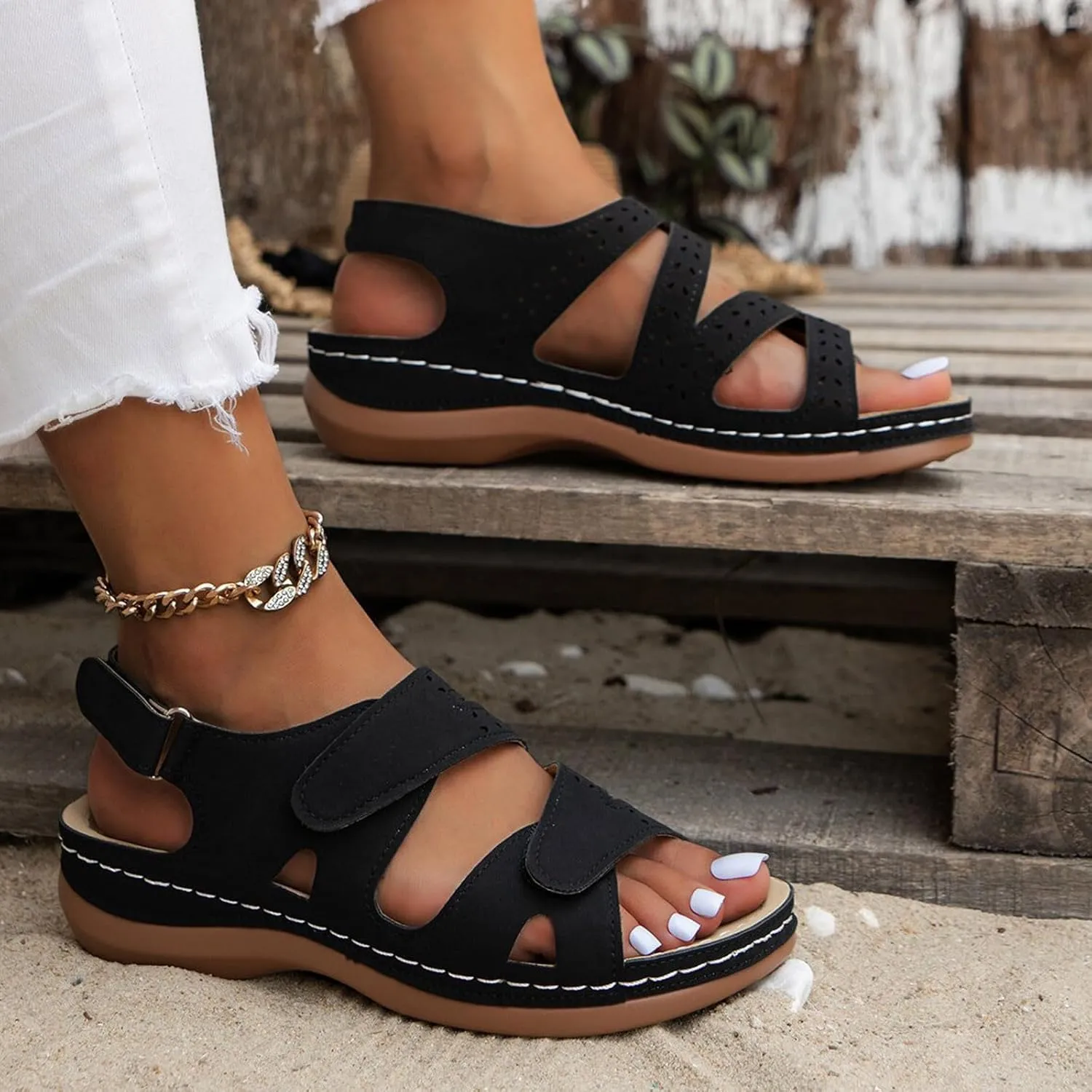 Womens Wedge Sandals Solid Color Hiking Outdoor Walking Shoes Summer Comfortable Adjustable Strap Sandal