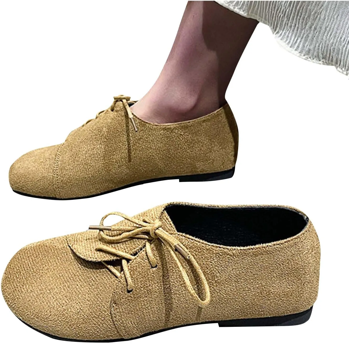 Womens Wide Width Flat Shoes Casual Round Toe Lace-Up Comfort Flats Suede Classic Spring Summer Shoes Everyday Wear