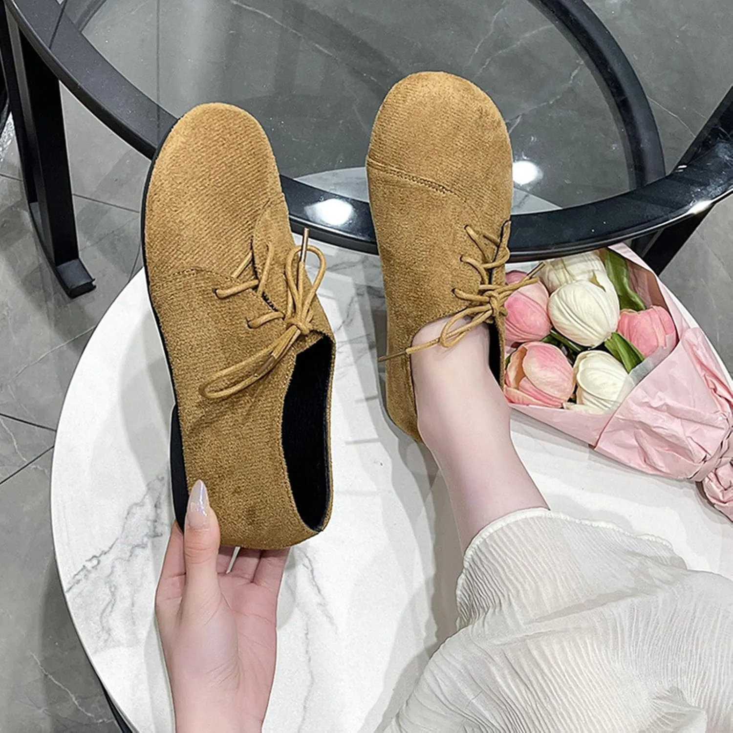 Womens Wide Width Flat Shoes Casual Round Toe Lace-Up Comfort Flats Suede Classic Spring Summer Shoes Everyday Wear