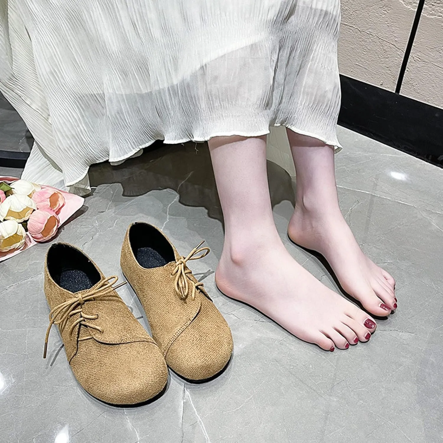 Womens Wide Width Flat Shoes Casual Round Toe Lace-Up Comfort Flats Suede Classic Spring Summer Shoes Everyday Wear